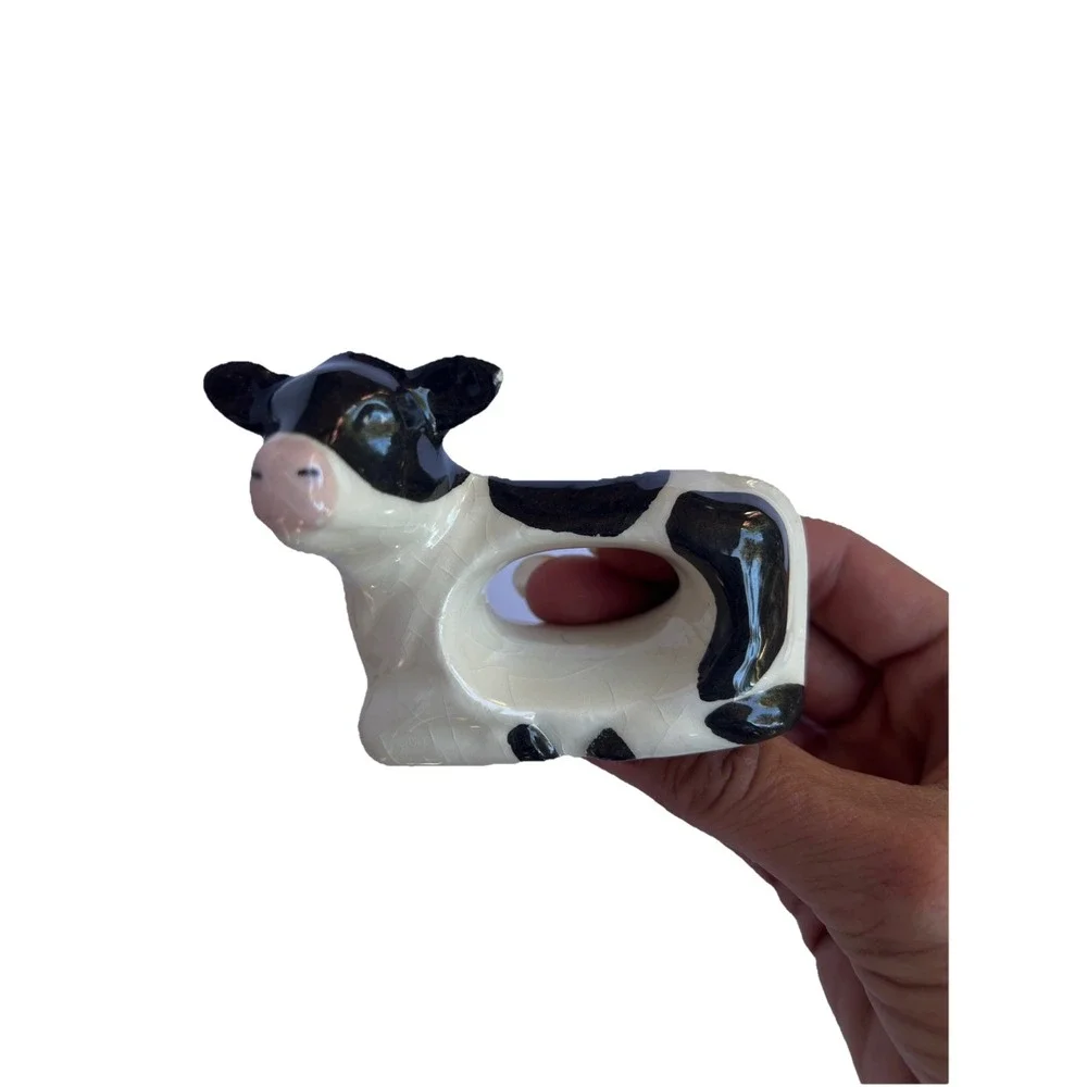 Holstein Dairy Cow Napkin Rings Set Of 6 Ceramic Farmhouse VTG Country Decor